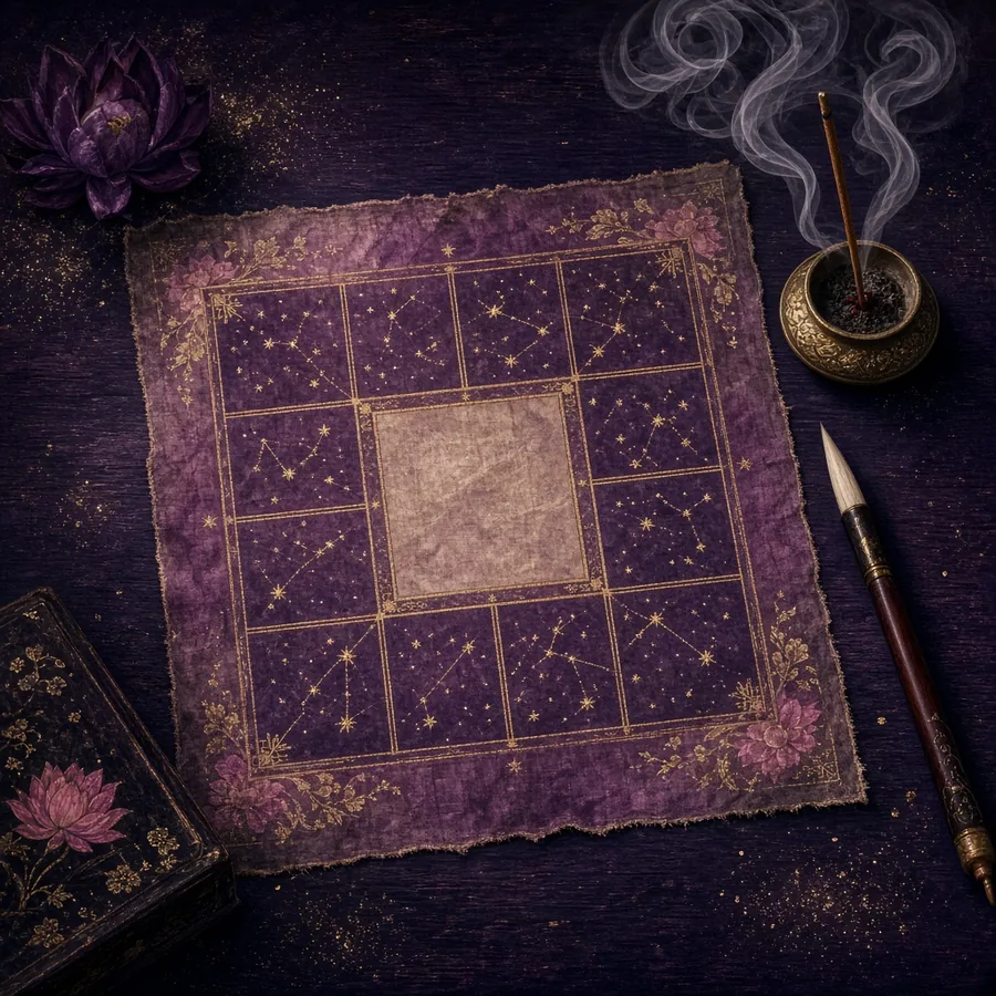 Carte d’astrologie chinoise Tử Vi : grille de palais étoilés sur un parchemin de soie