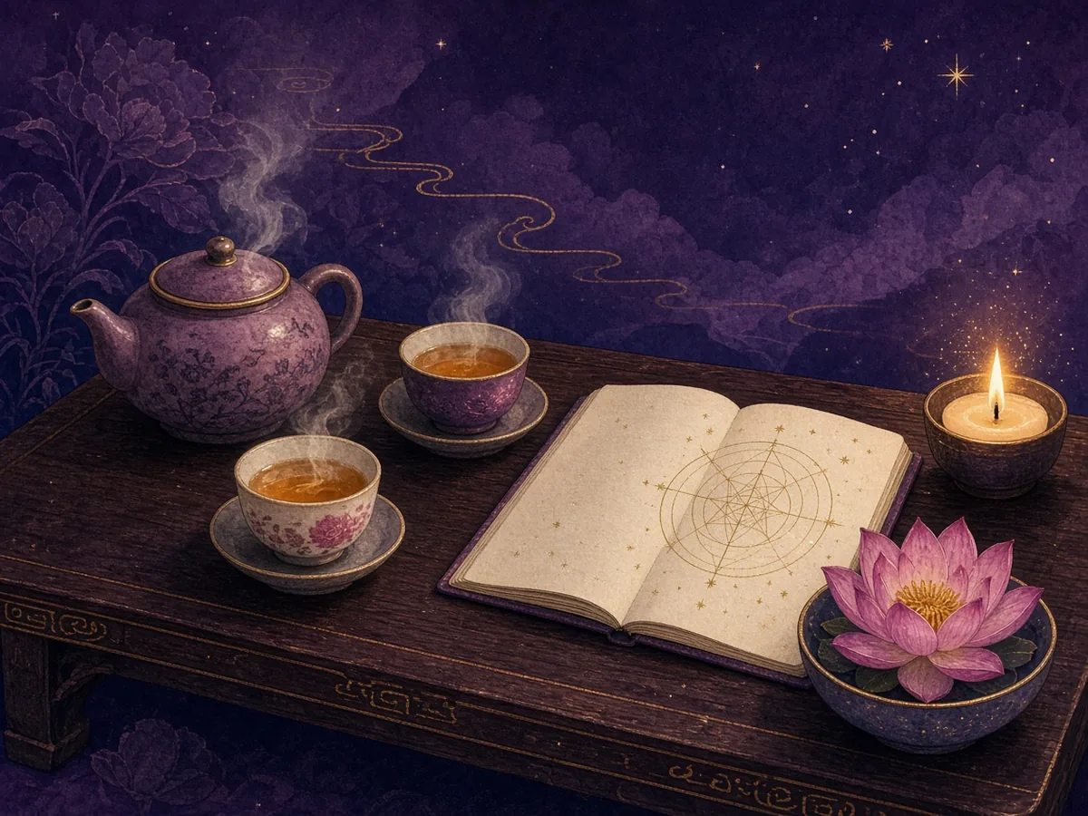 Consultation d’astrologie chinoise à Toulouse : théière, deux tasses de thé, carnet ouvert sur un diagramme céleste, bougie et lotus sur une table basse